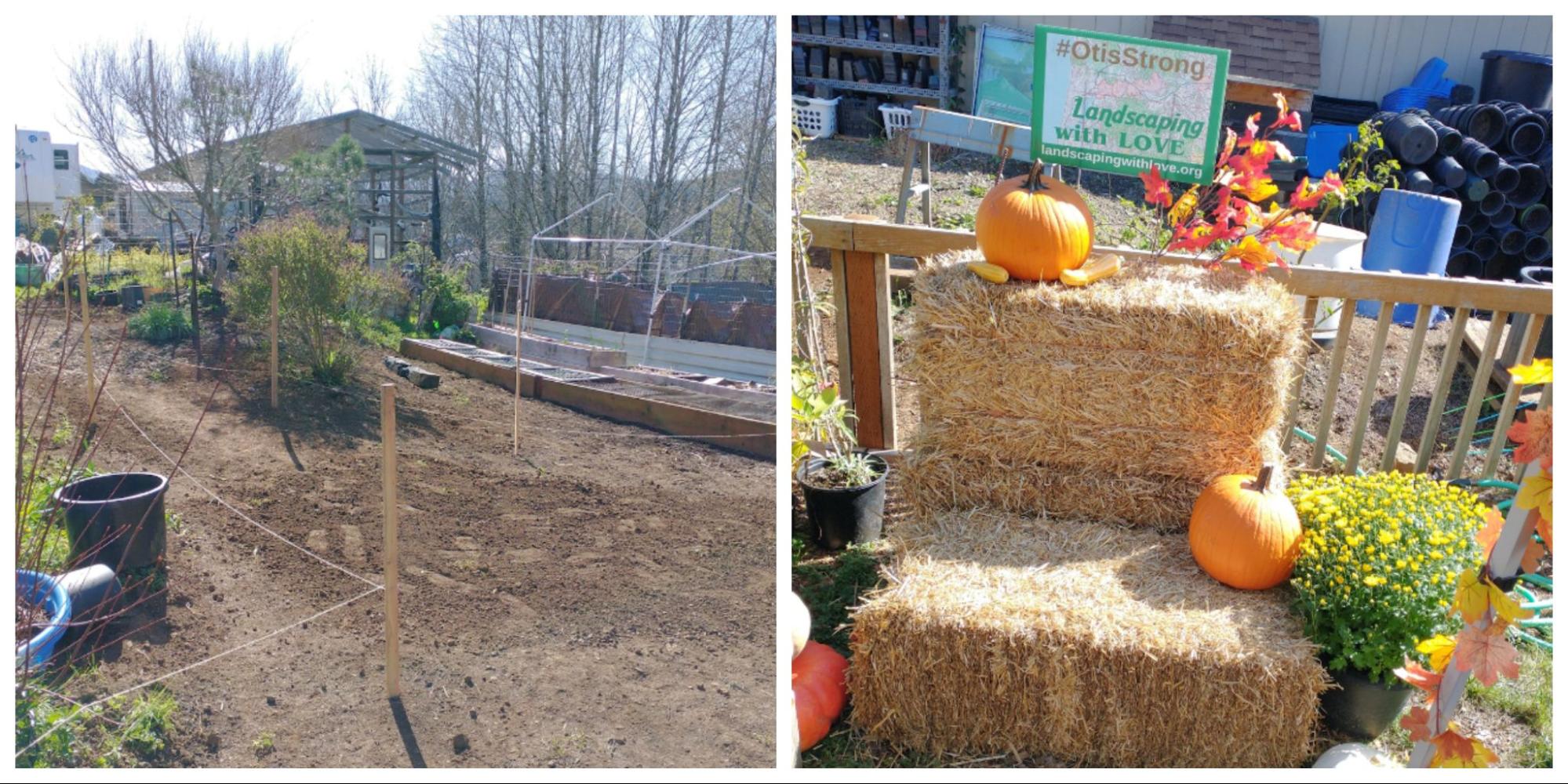 Garden beds prepared for planting, fall decorations, and a sign that says #OtisStrong