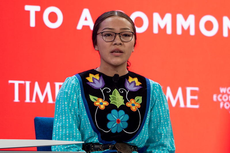 Headshot of Autumn Peltier speaking on stage at the World Economic Forum