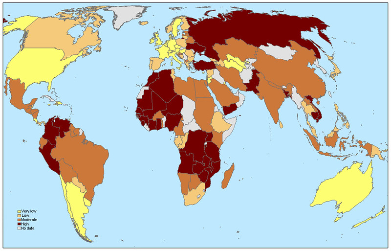 A map shows areas of the world that are vulnerable to climate change.