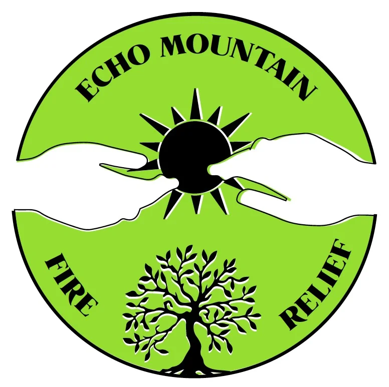The logo of Echo Mountain Fire relief shows two hands reaching out to each other to connect, in front of a sun and a rooted tree.