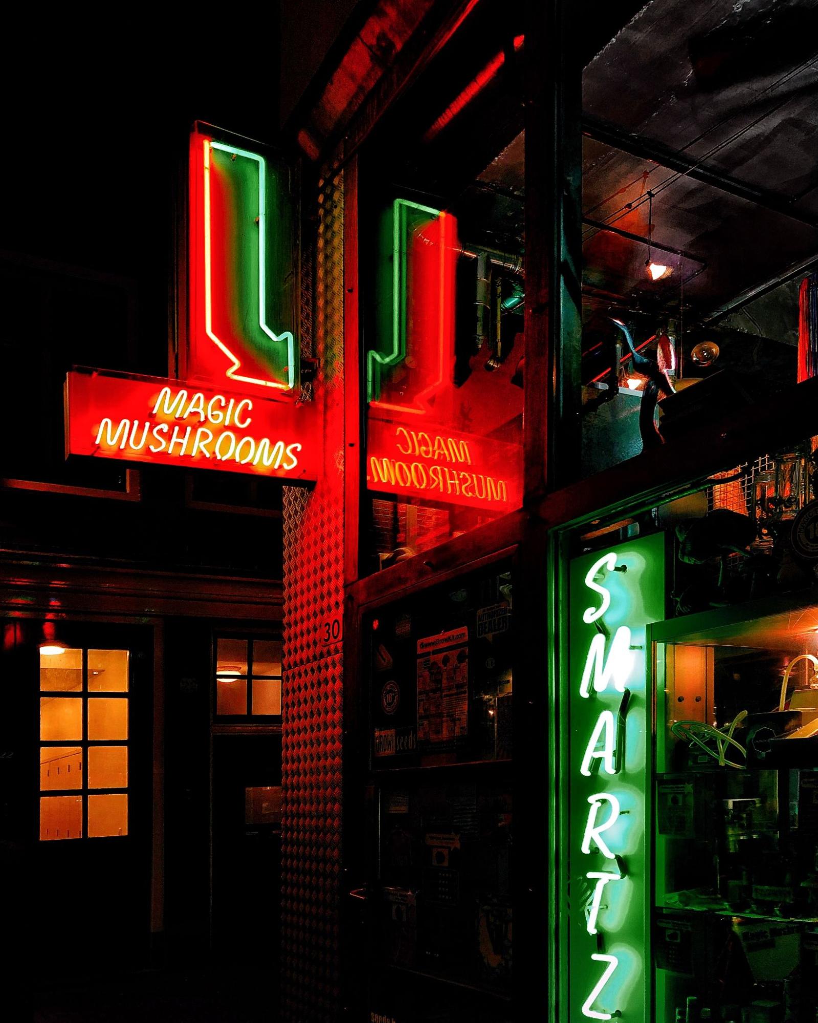 a neon sign on a building with the label: Magic Mushrooms