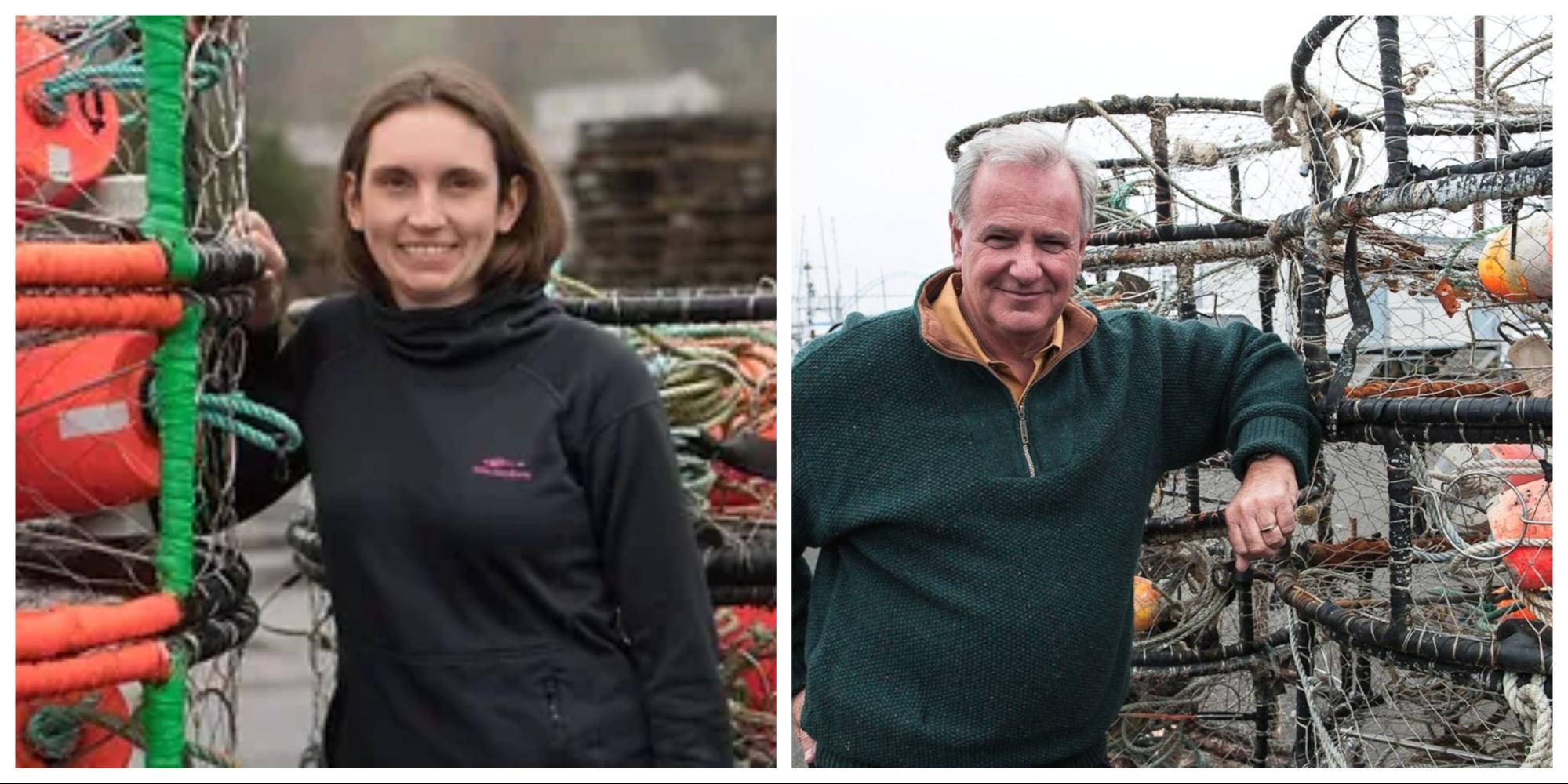 Katey Jacobson and David Gomberg smile and stand near crabbing traps.