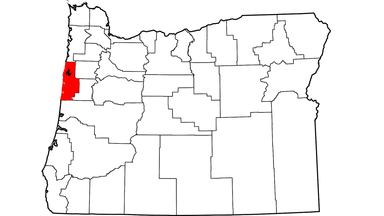 map of the state of Oregon with Lincoln County in red, with a small fire icon in the top of the county. Lincoln County is the third county from the north border of the state, next to the Pacific Ocean.