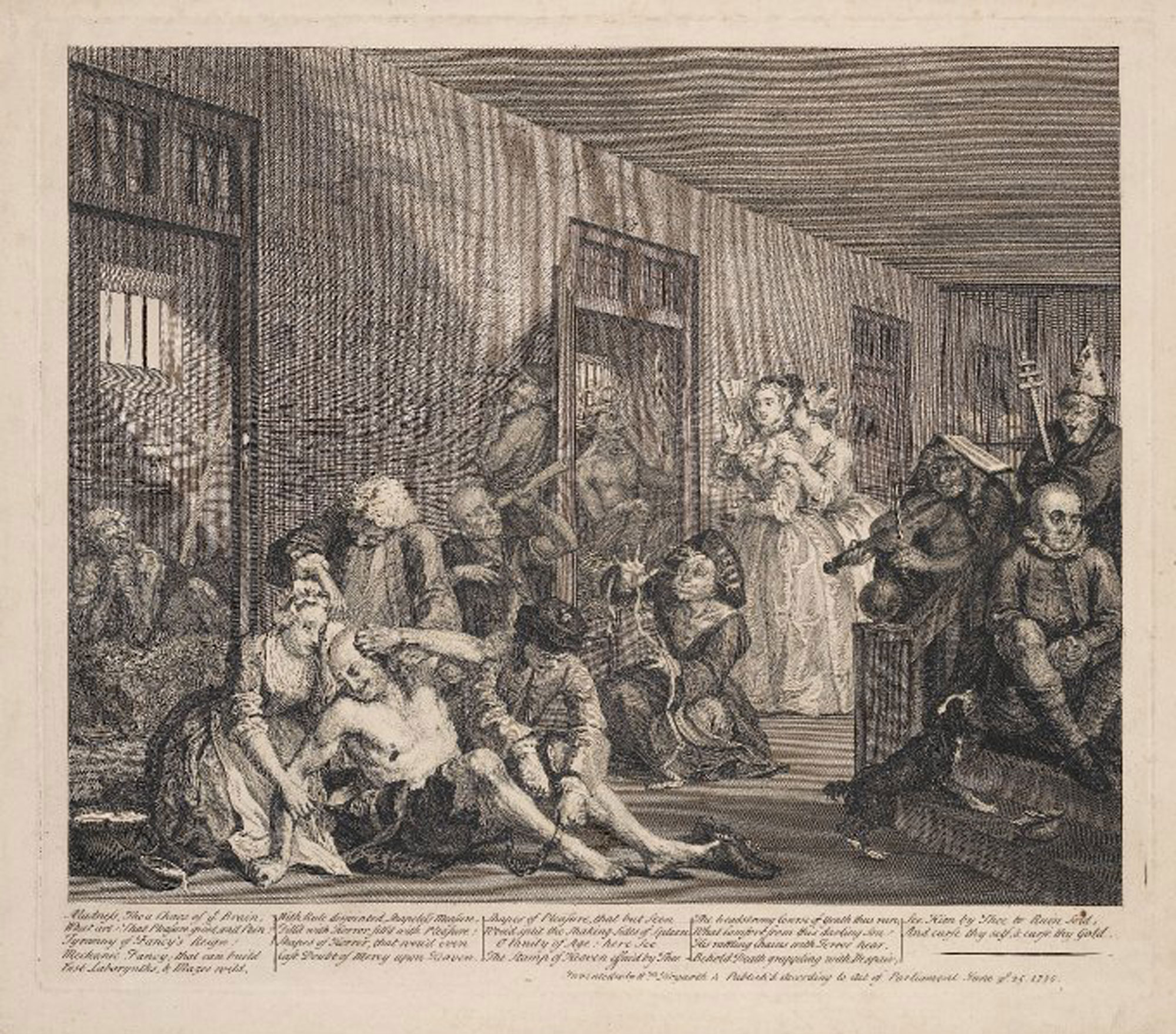 This engraving from 1735 shows aristocratic women in fancy dresses and hats watching patients in Bedlam. One patient is nearly naked and in chains. One patient is shown on a bed, praying. Overall the mood is dispairing.