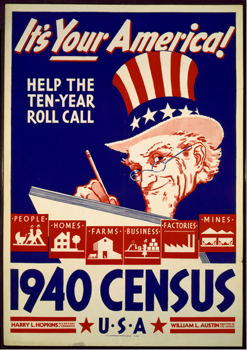 A red, white, and blue poster from 1940 depicts Uncle Sam writing with a pencil and paper, encouraging people to participate in the census.