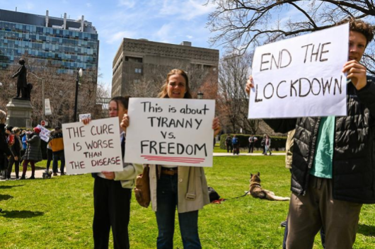 Three protesters stand in a grassy park with buildings in the background. Their protest signs say "The cure is worse than the disease", "This is about tyranny vs. Freedom" and "End the Lockdown"