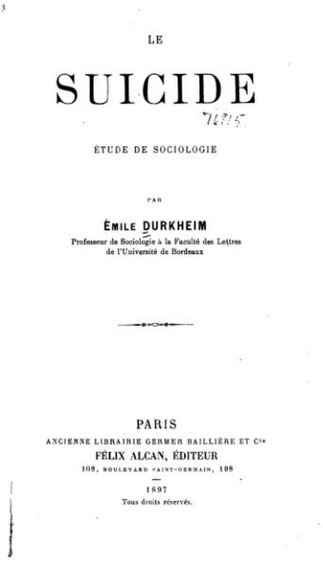 Cover of the book "Le Suicide" by Émile Durkheim, published in 1897 in Paris.
