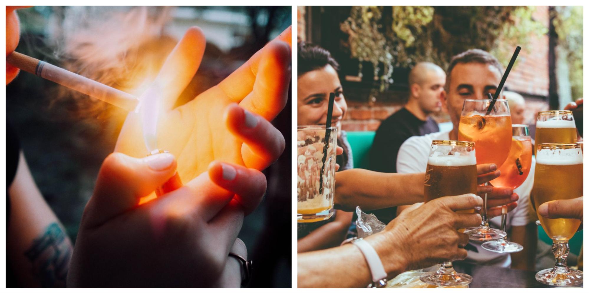 Someone lighting a cigarette and friends drinking.