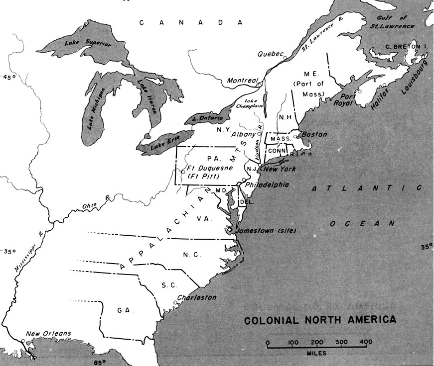 Map of the East Coast of North American showing early US colonies