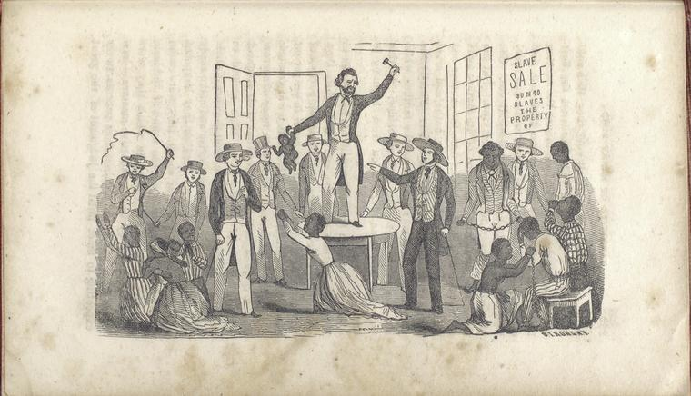 Antique illustration of enslavers selling chained black men, women, and babies to White men in suits