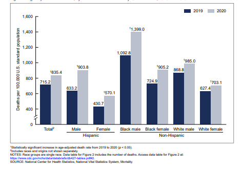 Chart data shows that Black males have a much higher death right in 2020 in comparison with others