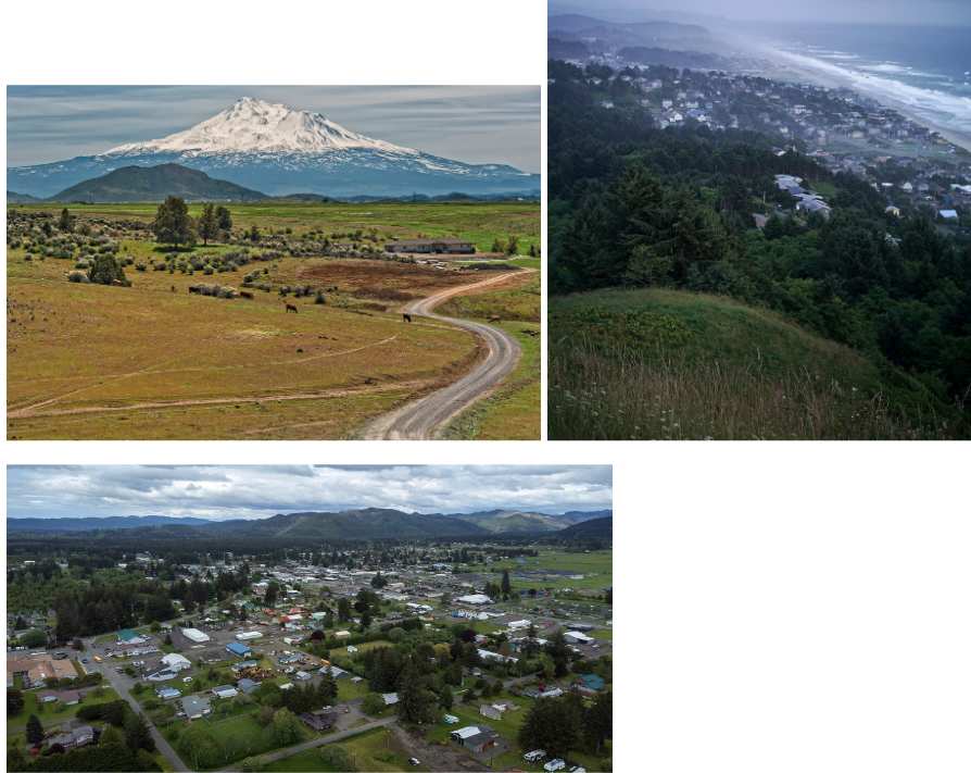 Top left: Valley with a road snaking through it and some small trees. A mountain covered with snow is in the background. Top right: Hills that are covered with grass and fir trees slopes down to some houses and buildings on the edge of the Pacific Ocean. Bottom: Rural town with streets in a grid, surrounded by farmland and low mountains.