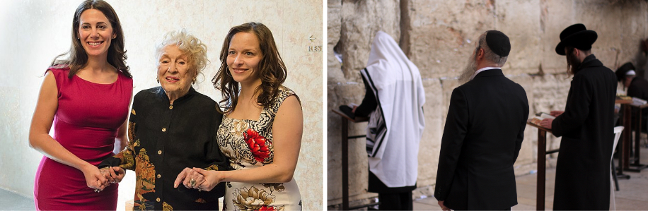 Left: Three women hold hands, the woman in the middle being elderly and the two at her sides middle aged. Right: Jewish people pray at the Western Wall.