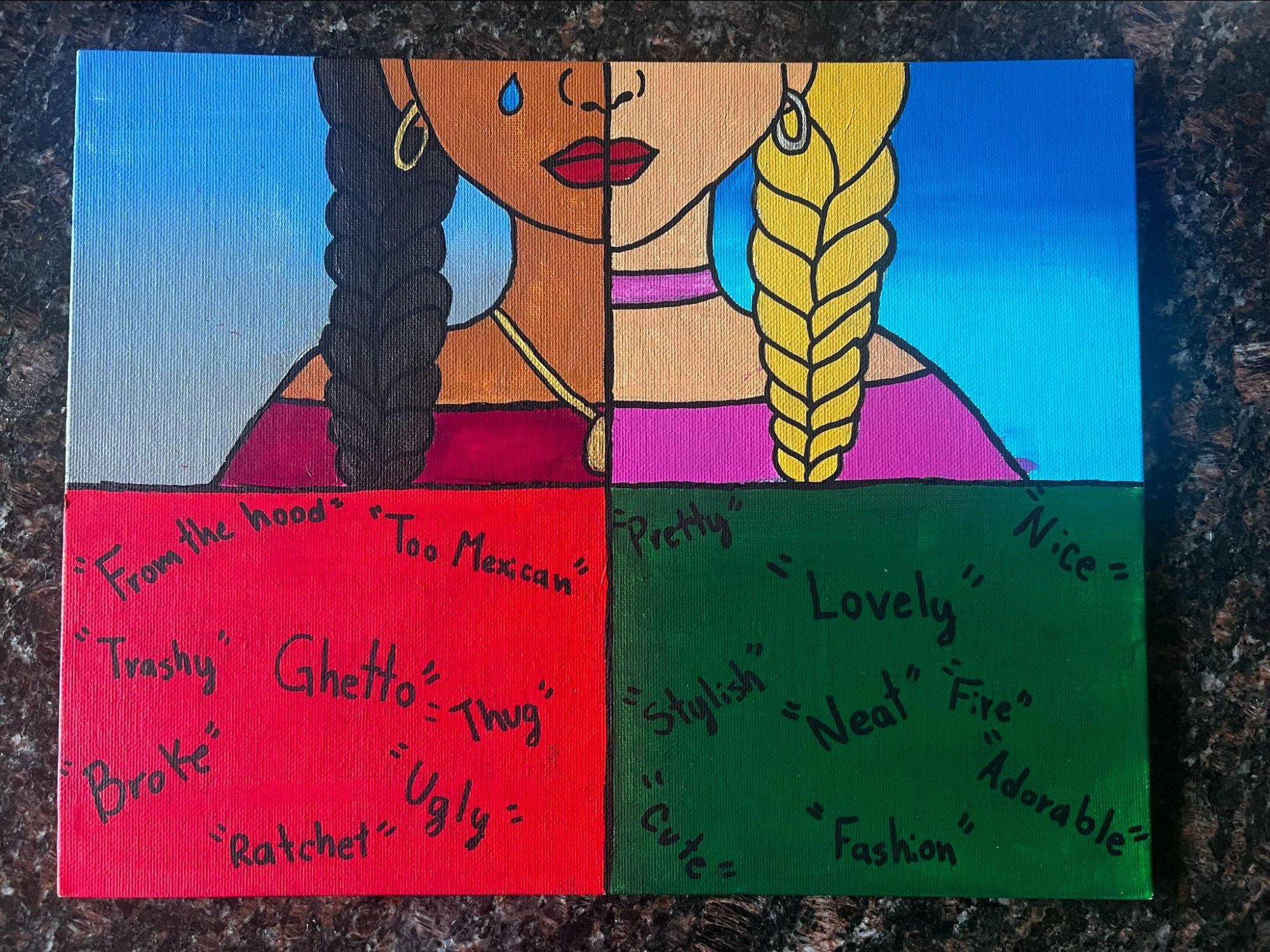 a drawing comparing Mexican and white women wearing the same clothes and makeup, but being described very differently