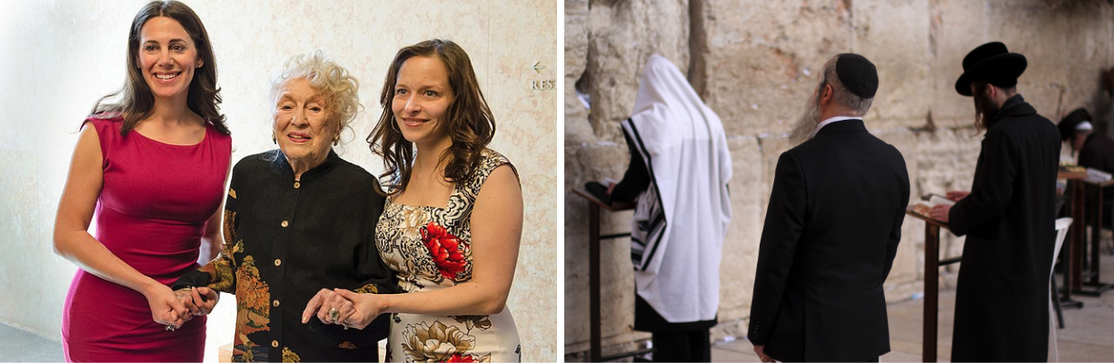 Left, three women hold hands, the woman in the middle being elderly and the two at her sides middle aged. Right, Jewish people pray at the Western Wall.