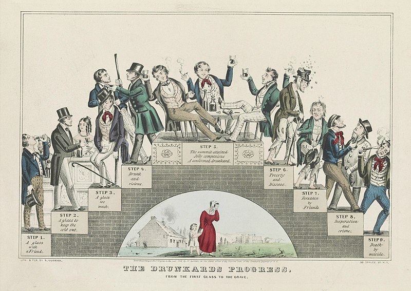 Old-fashioned illustration showing the "drunkard" ascending and descending the steps of a bridge. Under the bridge a crying woman holds a child's hand.