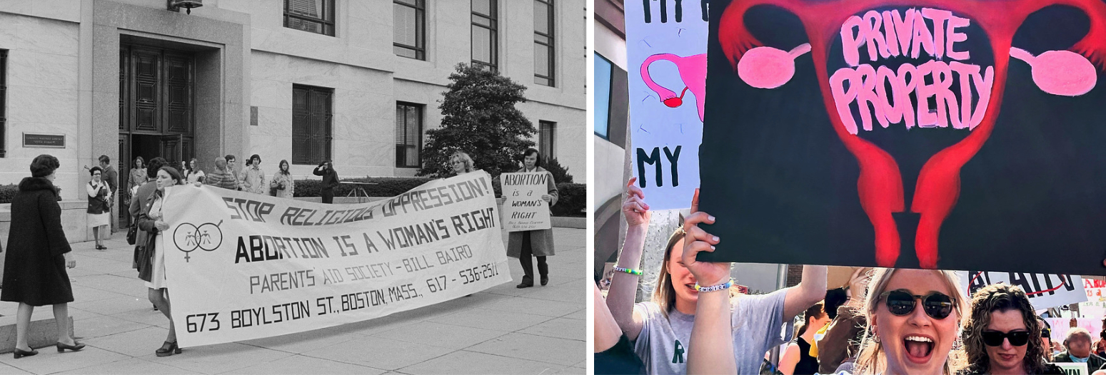 Left, a March 1974 protest outside the Senate Judiciary subcommittee hearing on abortion amendment from U.S. News & World Report magazine. Right, people march and hold signs picturing a uterus with the words “private property.”