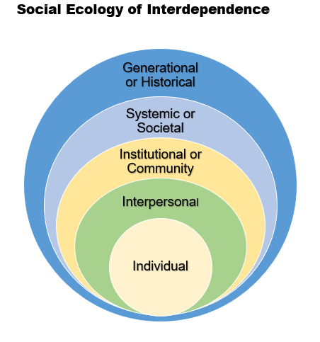 Social ecology of interdependence: colorful nesting circles. The innermost circle is labeled individual. Moving outward, the other circles are labeled interpersonal, institutional or community, systemic or societal, generational or historical.