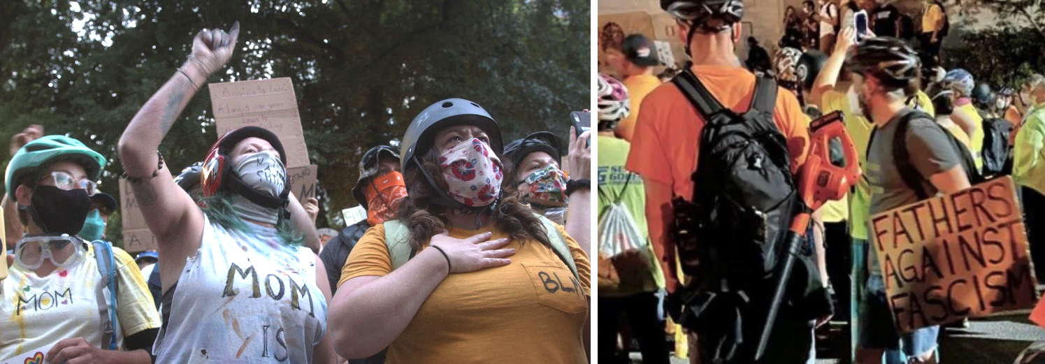 Left, women in masks, bike helmets, and t-shirts with handmade “mom” slogans at a protest. Right, we see the back of one man with a backpack and leaf blower, wearing a helmet. Another man wearing a build holds a sign that says “fathers against fascism.” They are surrounded by many other men who are protesting.