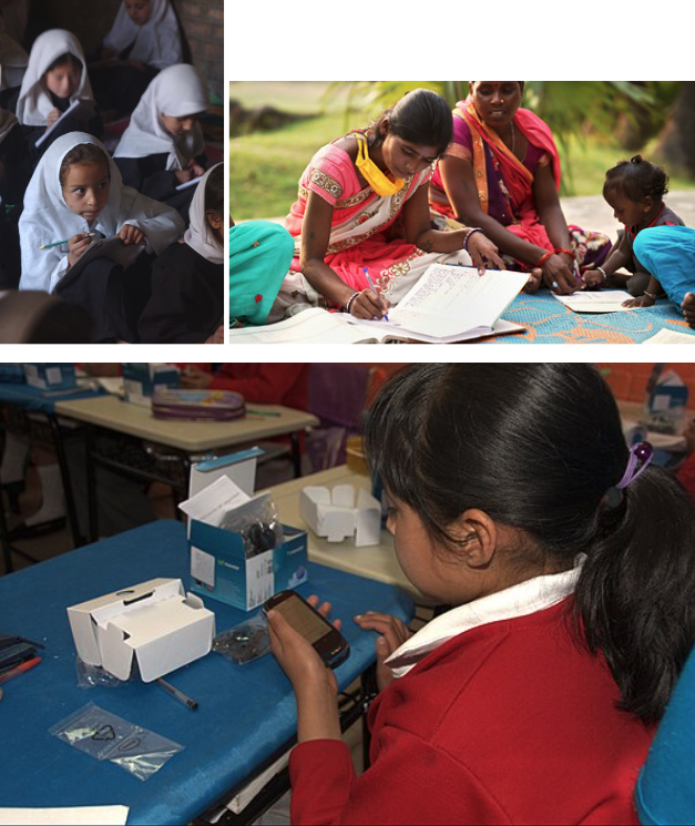 Top left, young girls wearing chadors face in a single direction taking notes on paper. Top right, two women in pink saris sit on a blanket with a toddler, writing in large notebooks. Below, a young girl in a red sweater and ponytail holds a new digital device in her hand.