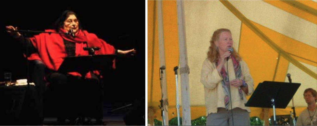 Left, Argentine singer Mercedes Sosa sings while looking down, with arms spread open. Right, American activist Holly Near sings while holding a microphone.
