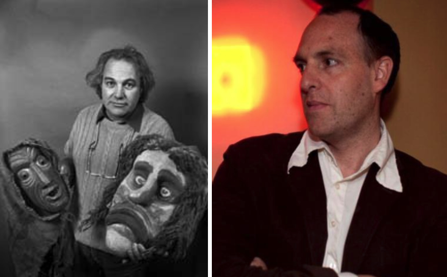 Left, portrait of Bernard Crettaz holding large masks. Right, portrait of Jon Underwood.