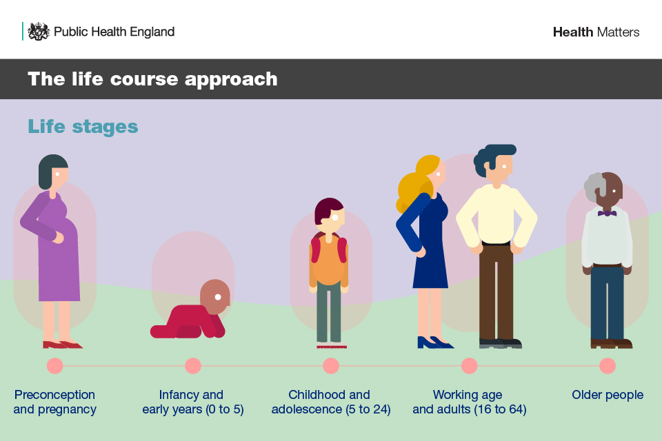 Figure 10.13 The phases of the lifecourse include 1) Preconception and Pregnancy 2) Infancy and early years (0-5), 3) Childhood and adolescence (5-24) 4) Working age and adults (16-64) and 5) Older people