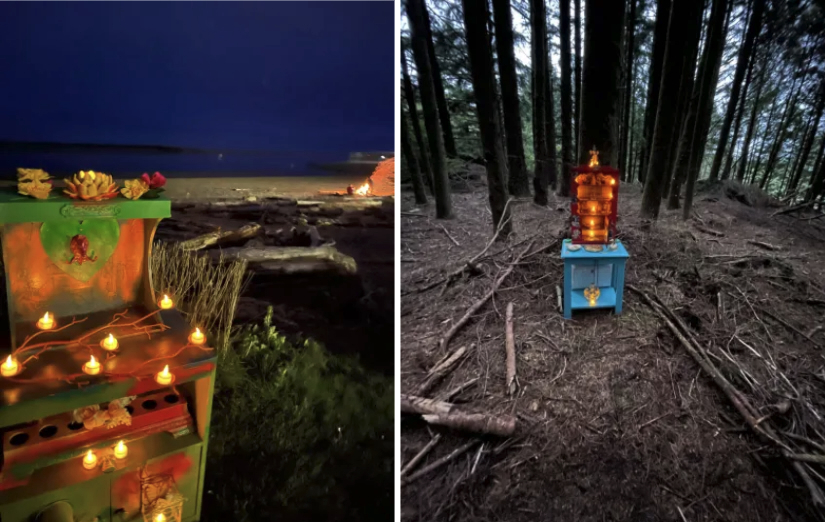 Left, a painted mailbox covered in electric candles on a beach. Right, a small wooden altar painted light blue with a wooden box lit with electric candles in the woods.