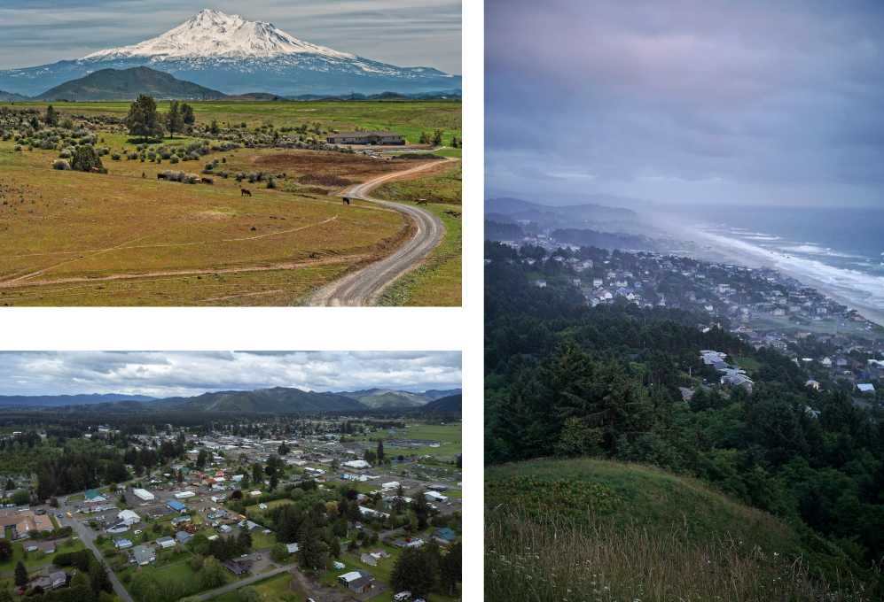Top left, a valley with a road snaking through it and some small trees. A mountain covered with snow is in the background. Below left, a rural town with streets in a grid, surrounded by farmland and low mountains. Right, hills that are covered with grass and fir trees slopes down to some houses and buildings on the edge of the Pacific Ocean.
