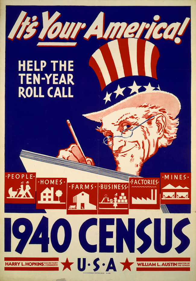 A red, white, and blue poster from 1940 depicts Uncle Sam writing with a pencil and paper, encouraging people to participate in the census.