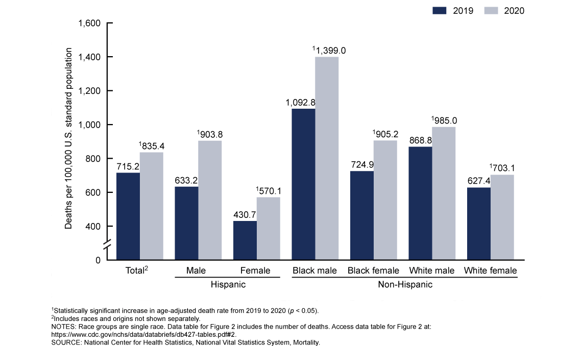 Fig 10.6 Chart data shows that Black males have a much higher death right in 2020 in comparison with others