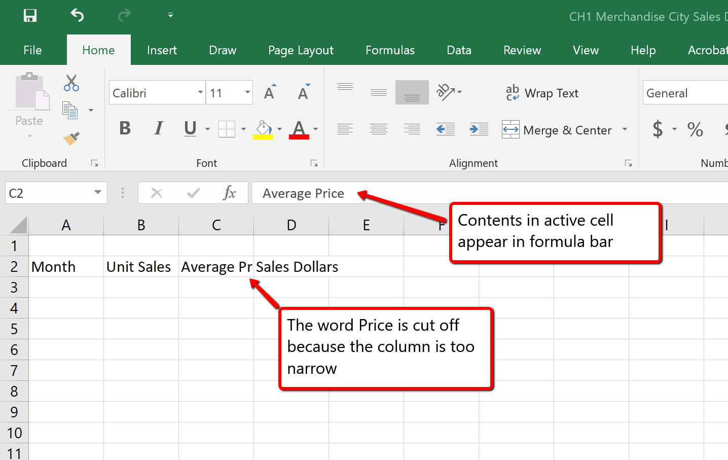 Cell C2 activated with &quot;Average Price&quot; in formula displayed as &quot;Average P&quot; in cell due to narrow column.