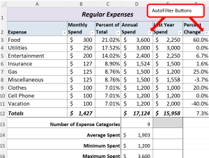 Budget Detail worksheet showing the AutoFilter button.