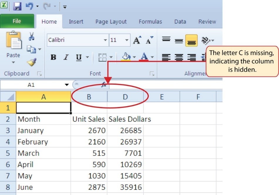 Columns A, B, then D, indicating column C is hidden.