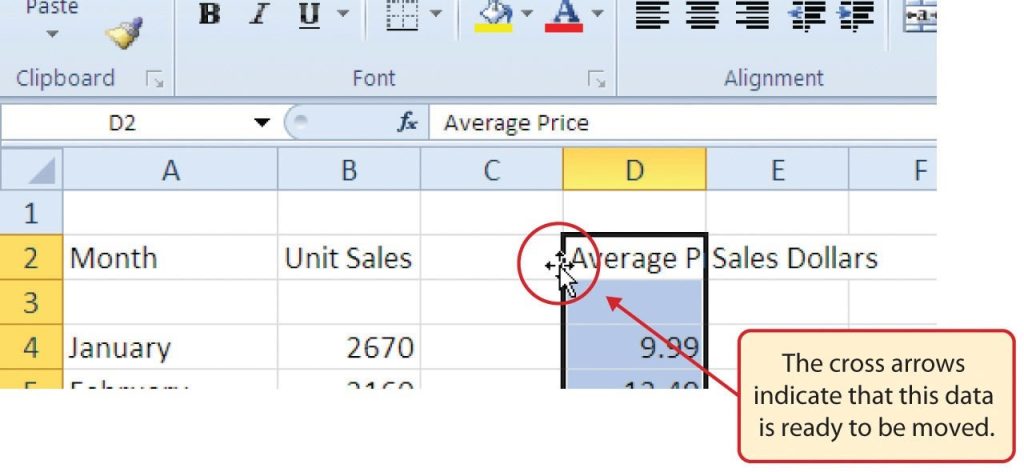 Column D selected with cross arrows on left indicating that data is ready to be moved.