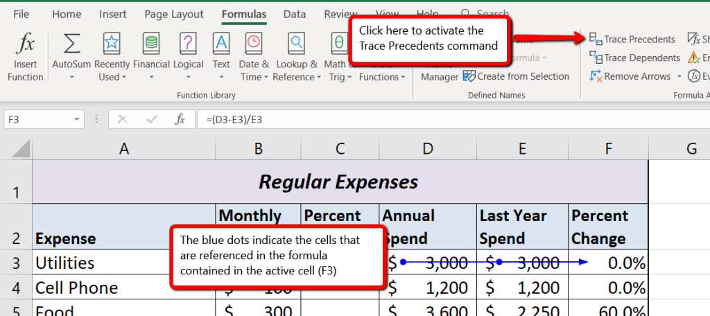 Formula tab open to activate Trace Precedents and two blue dots on an arrow point out cells referenced in formula of activated cell.