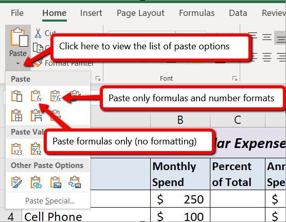 Press Ctrl + Alt + V for Paste Special menu, then F to select Functions, or R to select formulas and number functions. 