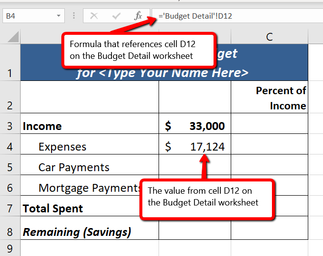 Function =&#039;BudgetDetail&#039;!D12 in cell C3 indicates cell reference from Budget Detail worksheet. Value $17,950 displayed in C3 is Total Annual Spend from D12 in Budget Detail worksheet.