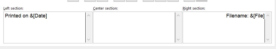 Completed Custom Footer dialog box. Left section contains "Printed on &[Date]", Center section empty, Right section contains "Filename: &[File]".