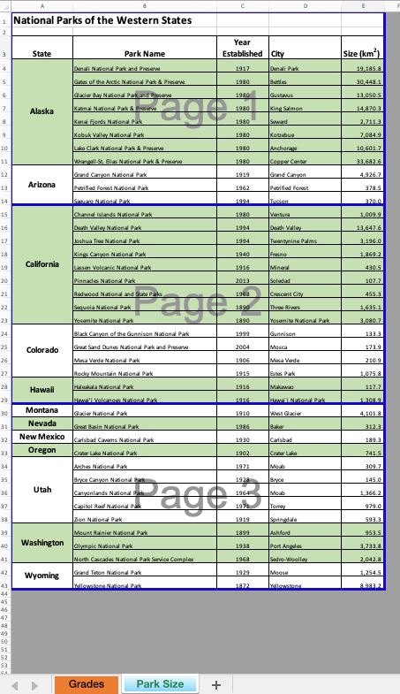 Screenshot of Print Preview of Parks sheet