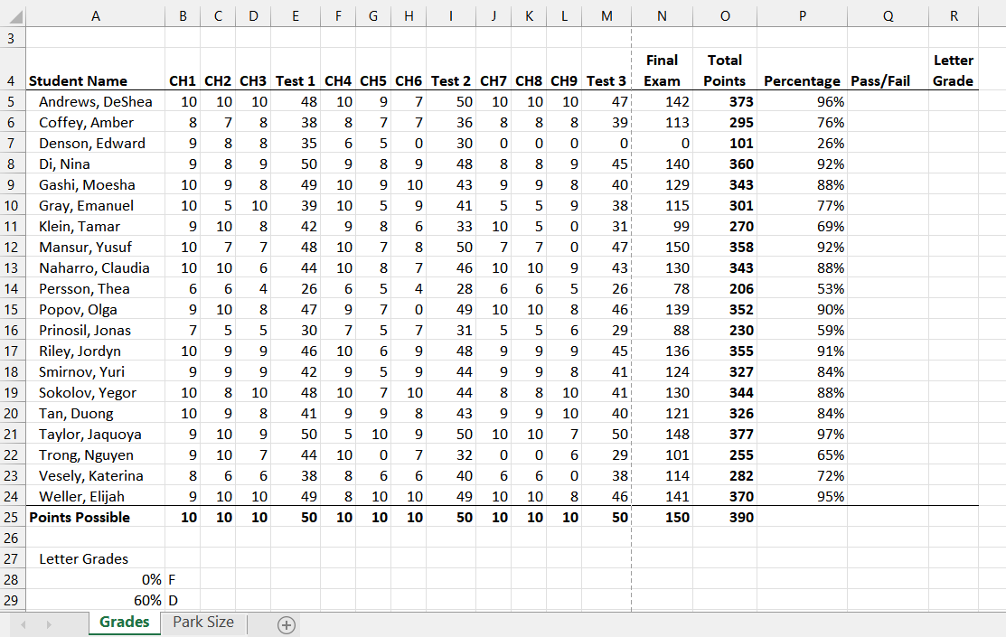 Screenshot of Grades worksheet