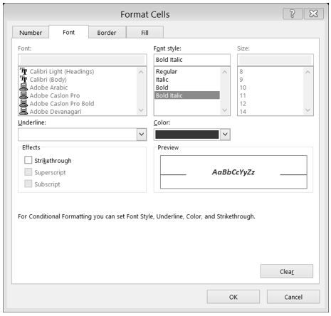 Format Cells dialog box with Bold Italic selected in Font style box and Red selected in Color box. 