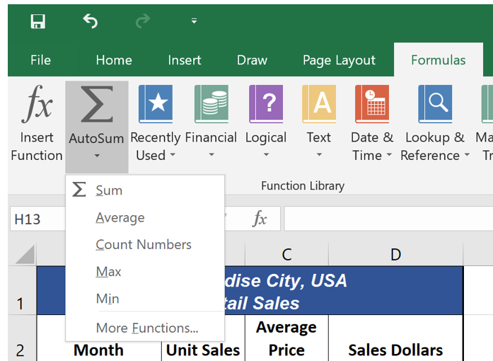 AutoSum Drop-Down menu in Formulas tab: Sum, Average, Count Numbers, Max, Min, and More Functions sub-menu.