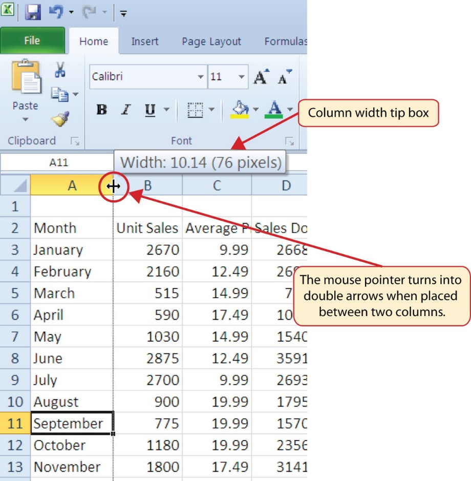 Column A and Column B with double arrows on column border between them. Column width tip box indicates width of column, wide enough now to show whole word &quot;September&quot;.