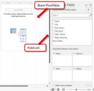 Blank PivotTable with Field List.