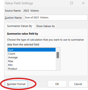 Image showing the number format button in the Value Field Settings dialog box.