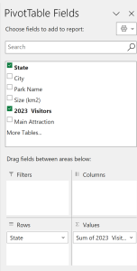 PivotTable Fields panel showing State and 2023 Visitor fields selected.