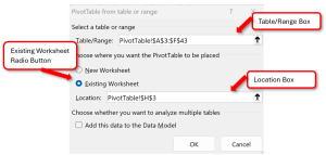 PivotTable from table or range dialog box.