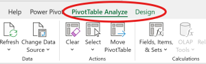 Image showing the PivotTable Analyze and Design tabs.