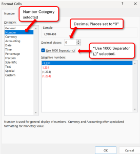 Format cells dialog box showing the Number category selected, zero decimal places, and the &quot;Use 1000 Separator&quot; selected.